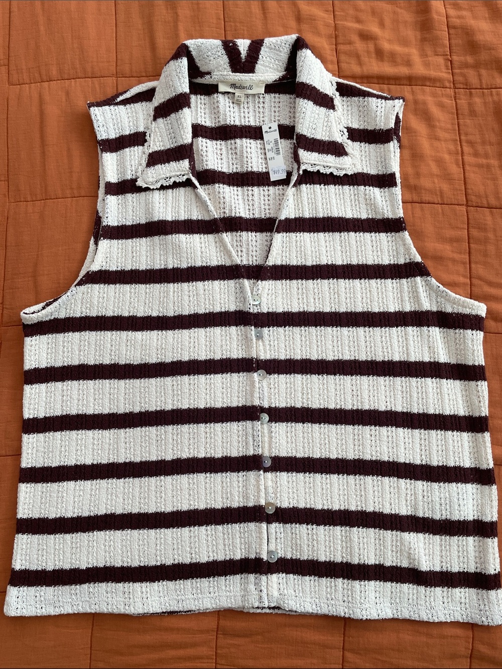Madewell Sleeveless Striped Button-Front Top in White & Burgundy